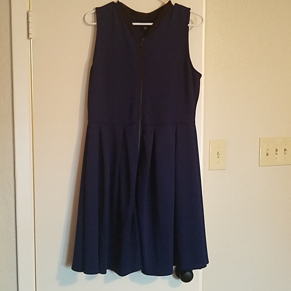 Navy and black zipper detail pleated skater dress